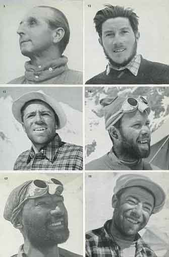 
The main players in the first ascent of K2 in 1954: Ardito Desio, Walter Bonatti, Achille Compagnoni, Lino Lacedelli, Mahdi, Mario Puchoz - Ascent Of K2: Second Highest Peak In The World book

